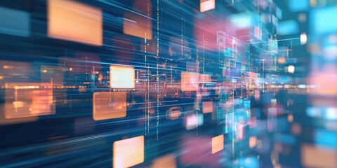 Wall Mural - transparent interface panels floating over soft abstract tech blur stock photo