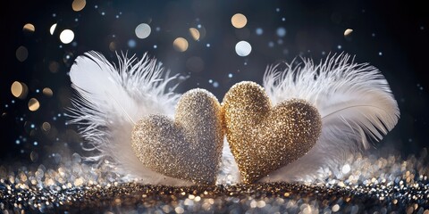 Wall Mural - twin white hearts made of delicate feathers, gold heart shines warmly, mystical silver particles dri