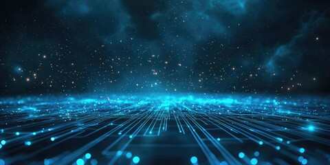 Wall Mural - virtual circuit field glowing under a dark mist stock photo