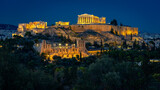 Acropolis Parthenon historical site illuminated at night in Athens, Greece