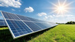 © siraphol - Sunlight bursting behind solar panels in green field creates vibrant scene of renewable energy