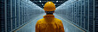 © sommersby - Professional IT technician wearing yellow hard hat walks through vast, modern data center filled with rows of gleaming server racks, symbolizing digital infrastructure management and operational contr