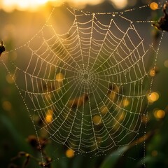 Close macro of dew-laden web strands illuminated by gentle dawn glow