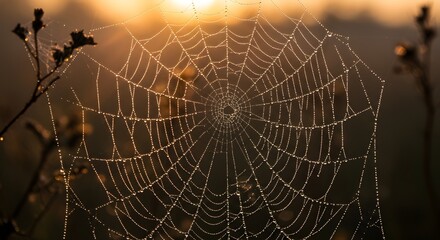 Close-up of dew-covered spiderweb in soft morning light, spider web with dew