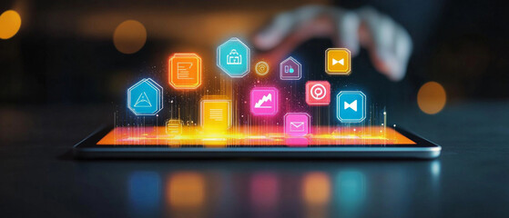 abstract digital background with bright app icons on tablet screen, neon colors, technology, innovat
