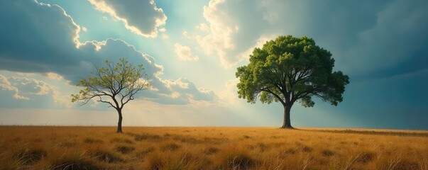 Wall Mural - A lone tree stands in a vast, empty field under a dramatic sky, symbolizing isolation and solitude The image evokes feelings of loneliness and the beauty of being alone , alone, view