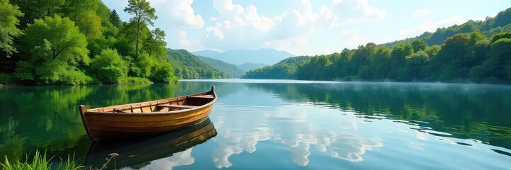 Wall Mural - A serene wooden rowboat gently rests on a calm lake surrounded by lush green trees and tranquil water reflecting the sky  Ideal for nature, travel, and relaxation themes , travel, scenery