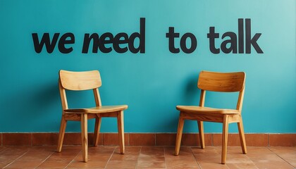Wall Mural - a stark image of two empty wooden chairs positioned in front of a bright teal wall bearing the phrase 