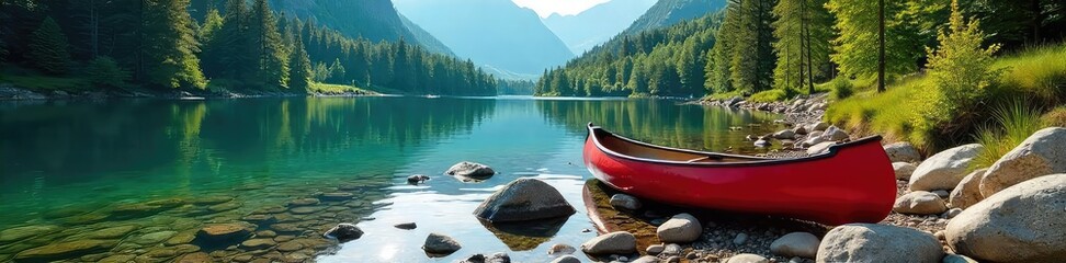 Wall Mural - Canoe rests on a rocky shore near a tranquil lake, surrounded by lush green trees and hiking trails; a perfect blend of water and wilderness adventures , travel, trees