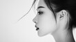 © Dao - a beautiful chinese woman With a ponytail is peeking from the edge of a white background, only her half face is visible, in a simple, minimalistic style with high contrast between black and white,