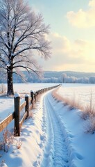 Wall Mural - Serene winter landscape in the countryside  Snow-covered fields stretch to a distant, snow-dusted wood under a pale winter sky  A rustic fence adds a touch of rural charm ,  cold,  winter day