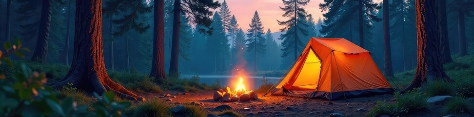 Wall Mural - A cozy camping setup nestled in the heart of a tranquil forest The scene features a tent, campfire, and surrounding wilderness, perfect for illustrating a peaceful outdoor adventure , scenic, fire