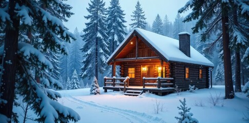 Wall Mural - A cozy, rustic cabin nestled deep within a snowy, evergreen forest offers refuge from the winter storm Perfect for a peaceful, secluded getaway , tranquility, snowy, frost