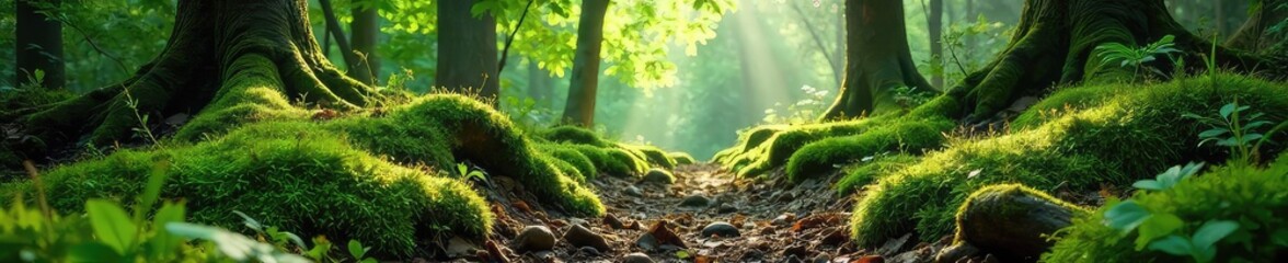 Wall Mural - A lush green forest floor, sunlight dappling through leaves onto a carpet of moss, ferns, and decaying logs Ideal for nature, environmental, and design projects , background, undergrowth, woods floor