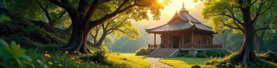 Wall Mural - Serene, sun-drenched temple nestled amongst ancient trees, embodying architectural harmony with nature and spiritual tranquility A sanctuary of peace and contemplation , devotion, faith