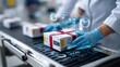 © bajita111122 - A worker in gloves inspects or processes packaged products on a conveyor belt with a futuristic digital interface overlay.