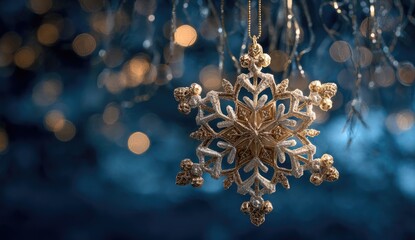 Golden snowflake ornament, soft blue bokeh