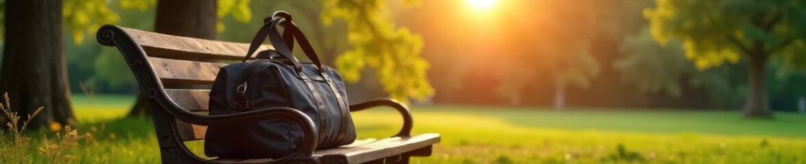 Wall Mural - A gym bag sits on a park bench, signifying a break from the fitness routine The sun shines, suggesting a peaceful, relaxing time away , leaves, leave