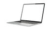 © Tezar - Silver laptop computer with a blank white screen, angled slightly to the left, isolated on a white background.