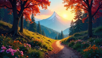Wall Mural - A winding, scenic path through a vibrant forest leads to a distant, sunlit peak, symbolizing a transformative journey of self-discovery , nature, ambition, journey
