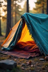 Wall Mural - Cozy camping scene featuring a thick, warm blanket draped over a tent, creating a sheltered, inviting space Perfect for outdoor adventures and relaxation , tent, fabric, top view