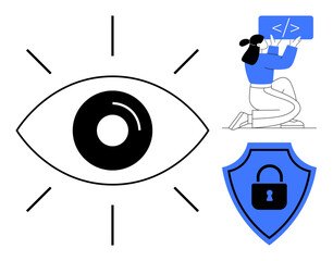Eye symbolizing vision, a coder holding a programming screen, and a shield with a lock for privacy. Ideal for digital security, programming, privacy, web development, surveillance, vision simple