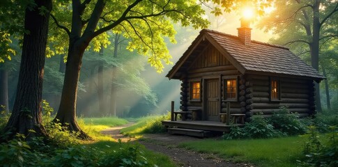 Wall Mural - Rustic wooden hut nestled in a tranquil forest, sunlight filtering through leaves, creating a serene and peaceful atmosphere perfect for relaxation , summer, quiet, solitude