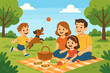 © Maxim Borbut - Illustration of happy family picnic in park with parents, children, dog playing fetch, picnic basket, and food on blanket