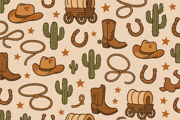 Western-themed pattern featuring cowboy hats, boots, cacti, and rustic elements on a light background