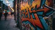 © Deamard - Artistic graffiti painting with dynamic brush strokes and bold colors on rough wall surface