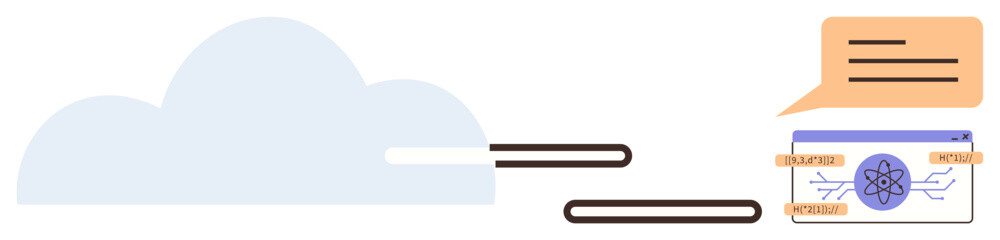 Cloud with connective lines, tech interface displaying tools and chat bubble suggesting interaction. Ideal for technology, communication, AI, system integration, networking, web design, simple