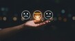 © IMAGE STORE - Hand holding glowing emoticon icons representing customer satisfaction and feedback with five star rating