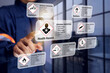 © AREE - MSDS material safety data sheet concept with safety staff checking hazard data for inhalation respiratory toxic chemical on virtual interface display screen for personal protection equipment