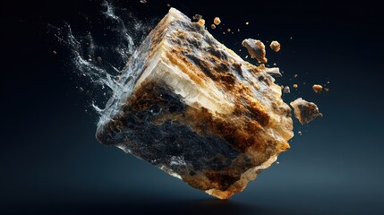 A cube of eroded material, seemingly exploding or shattering, with fragments flying outward.  