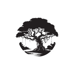 Banyan Tree Silhouette in Black on White Background.
