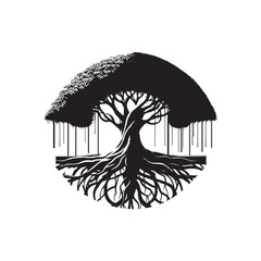 Banyan Tree Silhouette in Black on White Background.
