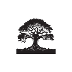 Banyan Tree Silhouette in Black on White Background.
