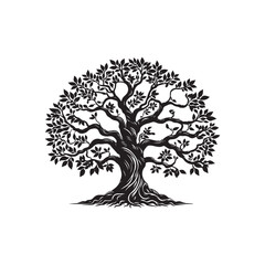 banyan tree silhouette in black on white background.