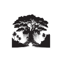 Banyan Tree Silhouette in Black on White Background.