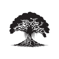 Banyan Tree Silhouette in Black on White Background.