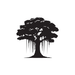 Banyan Tree Silhouette in Black on White Background.