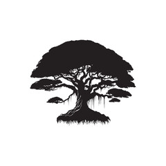 Banyan Tree Silhouette in Black on White Background.