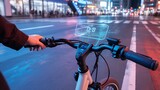 A person riding a bicycle with a heads up display at night in a city with bright lights and crosswalks silhouette