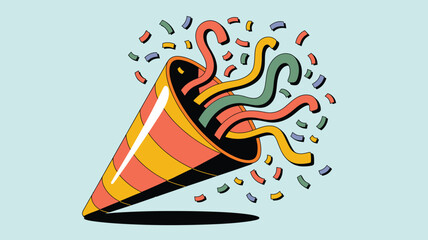 Exploding party popper releasing vibrant colorful streamers and confetti creating a festive celebratory atmosphere perfect for any special occasion