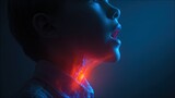 Medical visualization highlighting a child swallowing a glowing object, causing a blockage in their esophagus, emphasizing potential choking hazards and the importance of child safety