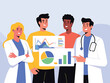 © Nurtaz - Diverse medical team collaborating on patient data analysis with charts and graphs. Healthcare professionals discussing statistics vector illustration.