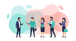 © Office Stock Pro - Diverse group of professionals collaborating and discussing ideas in a modern office environment with abstract background shapes.