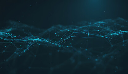 Abstract glowing digital network of interconnected lines and nodes in dark blue and teal colors