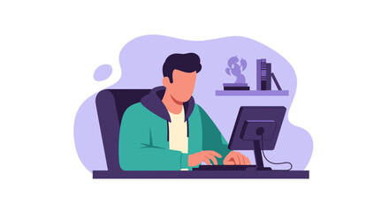A contemporary flat illustration depicts a focused man diligently working at his computer desk, symbolizing remote work, online learning, or digital content creation.