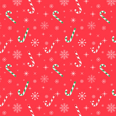 Wall Mural - Christmas seamless pattern with snowflakes.Winter snowflake and candy canes on red background.Snow repeat pattern.Vector graphic illustration new year background.